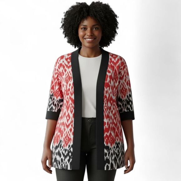 Chicos Travelers Kimono Jacket Women S/M Ikat Red Black White Open Casual - Picture 1 of 9
